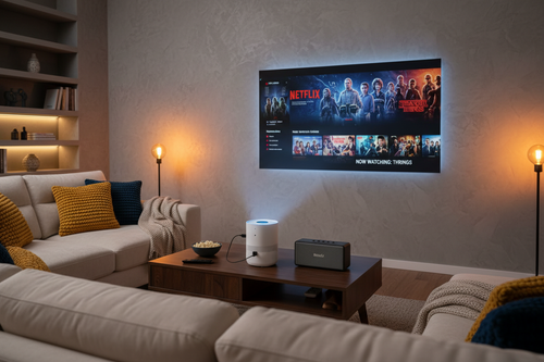 Movie night setup with projector and streaming stick